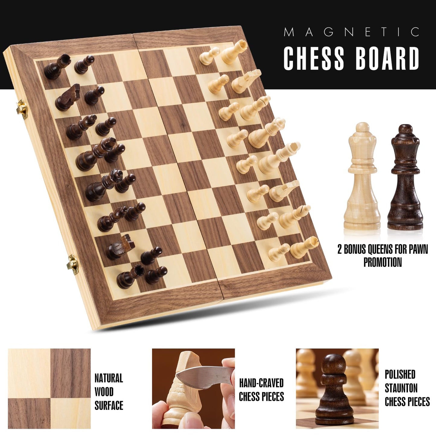 ASNEY Upgraded Magnetic Chess Set, 15” Tournament Staunton Wooden Chess Board Game Set with Crafted Chesspiece & Storage Slots for Kids Adult, Includes Extra Kings Queens & Carry Bag, 2 Players