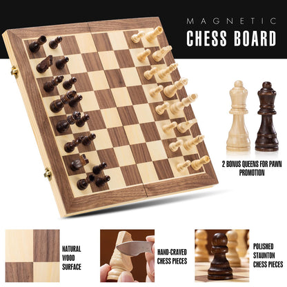 ASNEY Upgraded Magnetic Chess Set, 15” Tournament Staunton Wooden Chess Board Game Set with Crafted Chesspiece & Storage Slots for Kids Adult, Includes Extra Kings Queens & Carry Bag, 2 Players