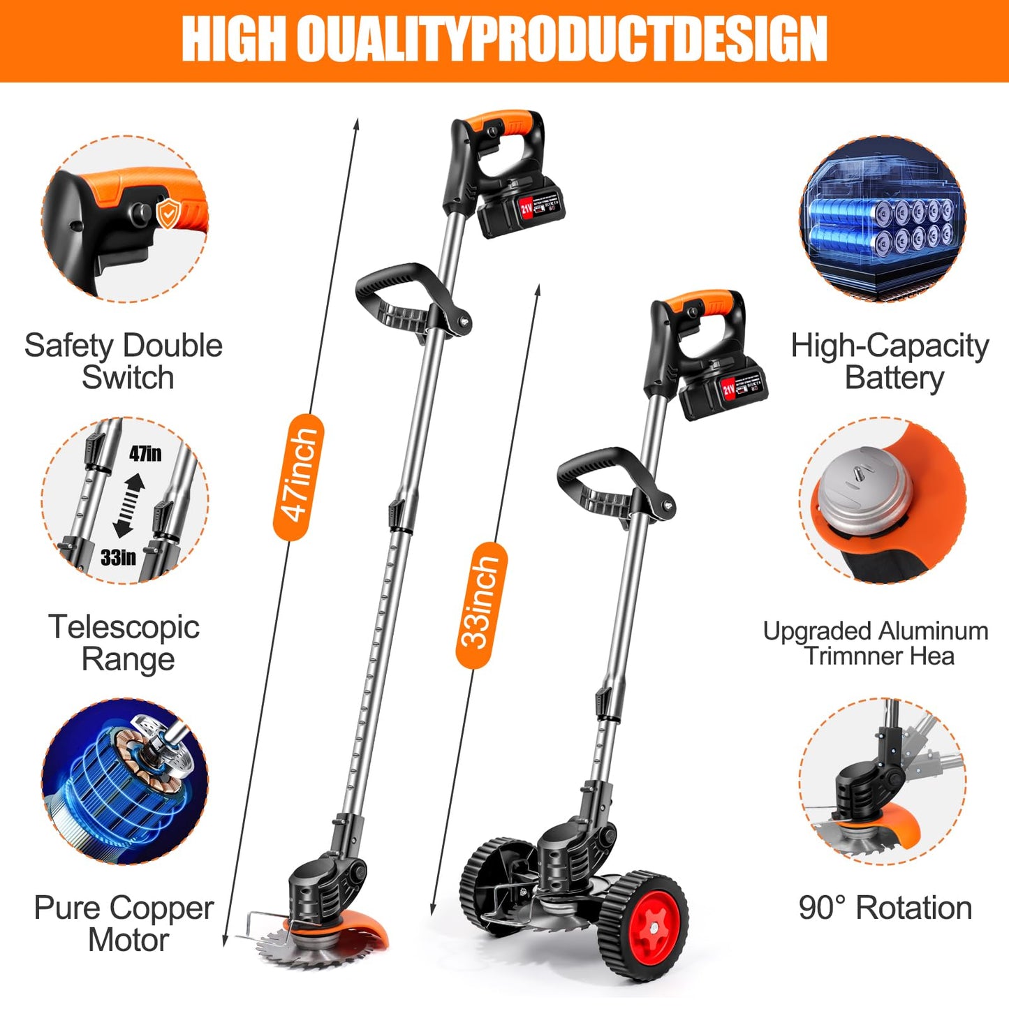 Cordless Strimmer 21v Garden Strimmer with 2pcs 4.0ah Batteries&25pcs Blade&removable Wheels Electric Strimmer Lightweight Battery Strimmer Height Adjustable Metal Blade Strimmer for Gardens Lawns