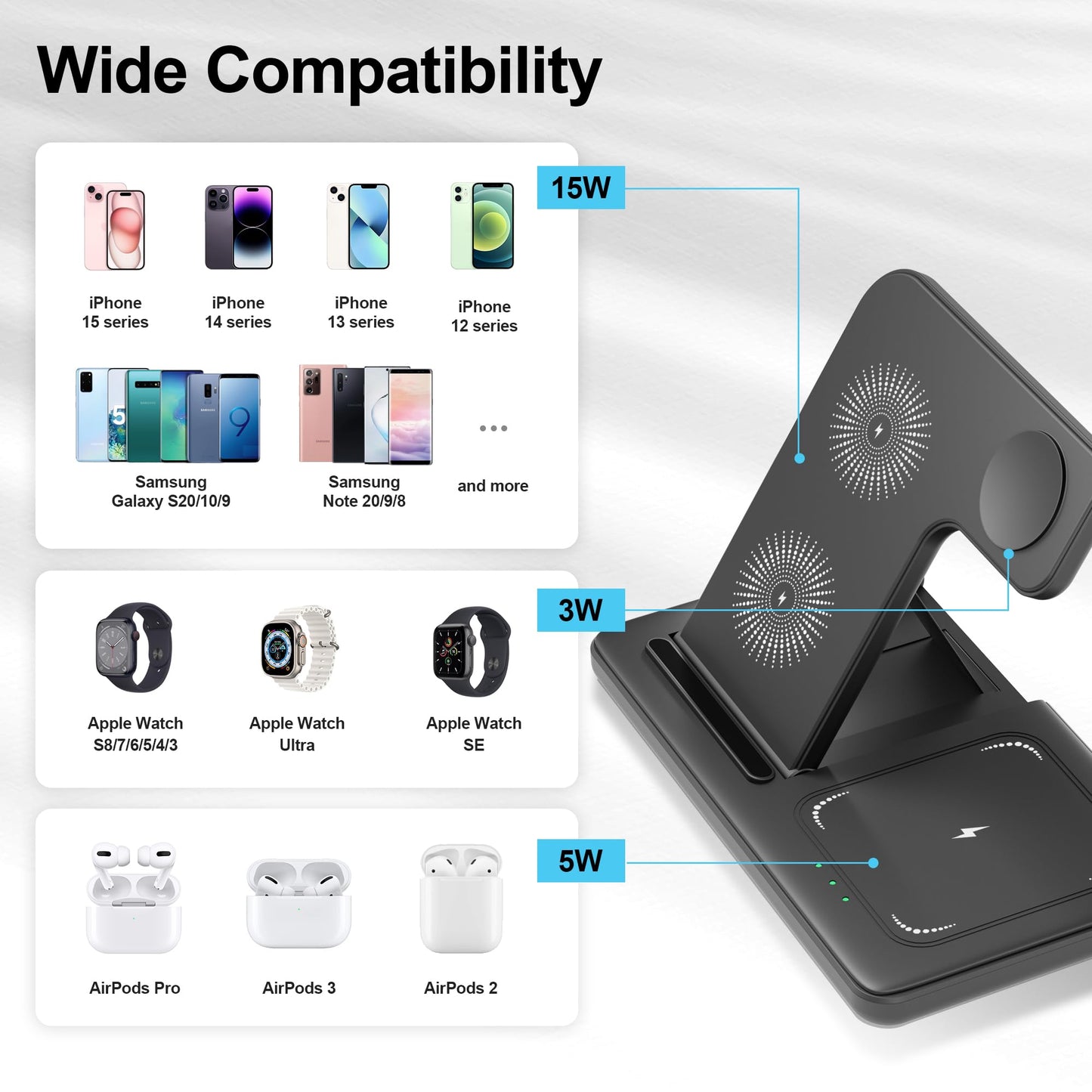 - Wireless Charger, 3 in 1 Charging Station, 15W Qi Fast Foldable Magnetic Stand Dock