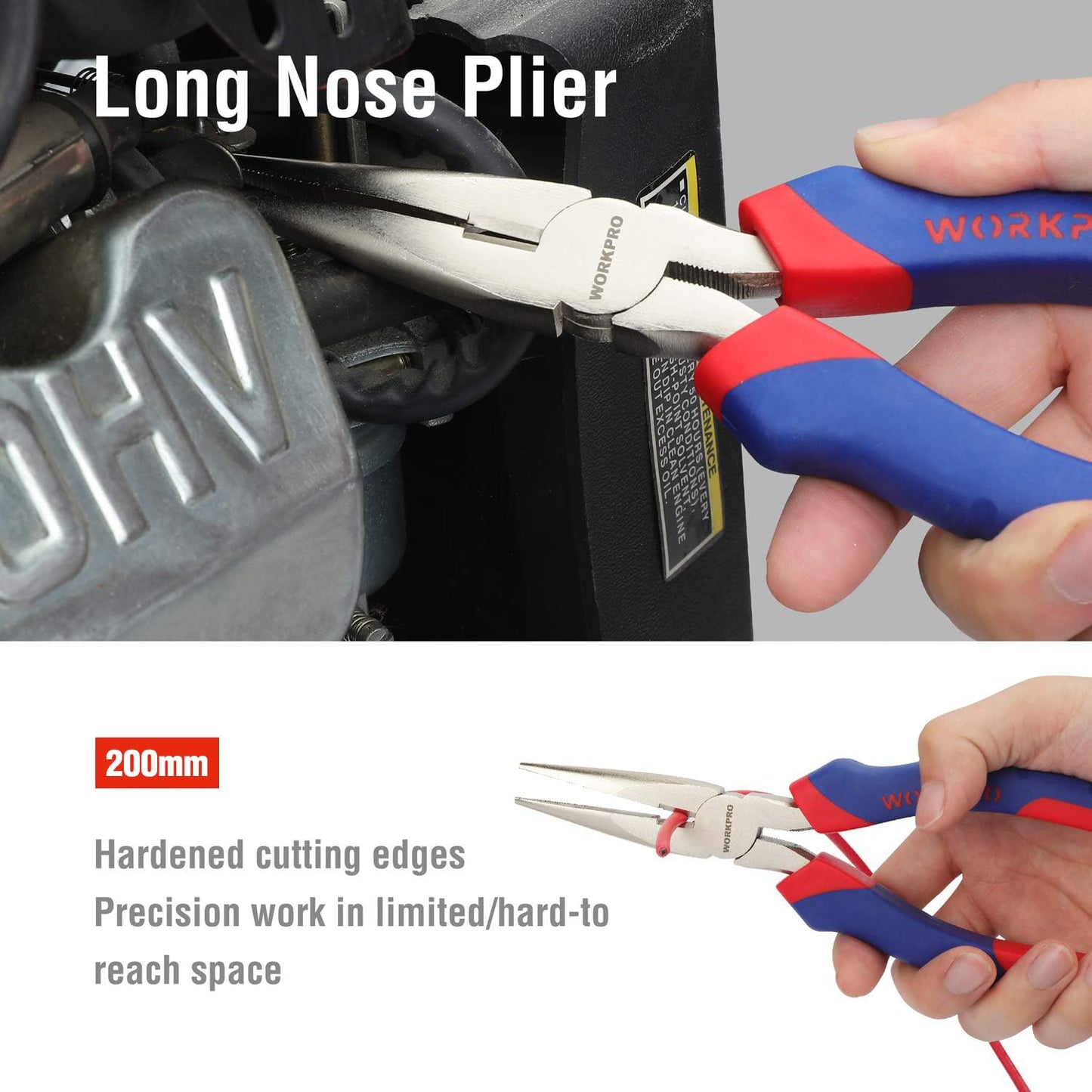 - WORKPRO 5-Piece Pliers Set, Includes 250nn Water Pump Plier, 200mm Combination Plier, 200mm Long Nose Plier, 180mm Diagonal Cutter, 200mm Adjustable Wrench, with Soft Grip Handles