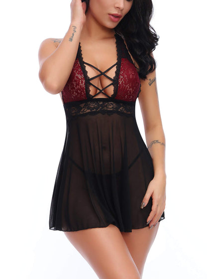 Charmnight Women Sexy Lingerie Babydoll Nightwear Lace Sleepwear Underwear Set (Black-L)
