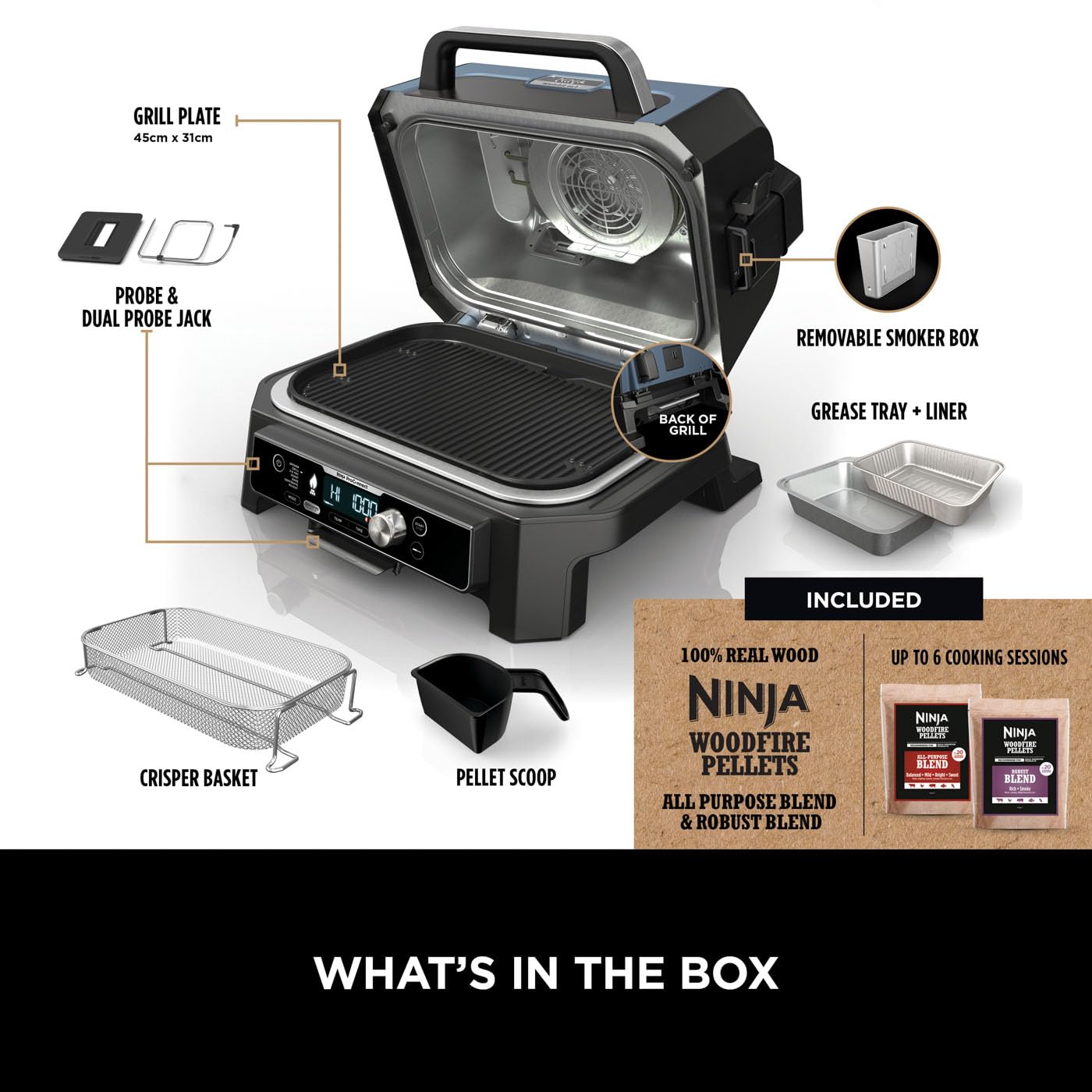 - Ninja Woodfire Pro Connect XL Electric BBQ Grill and Smoker | App Control | Digital Probe -