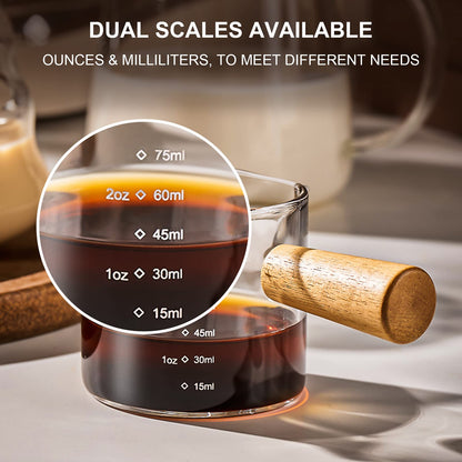 - PARACITY Espresso Cups with Wood Handle | Double Spout Glass Measuring Cup with Dual Scale -