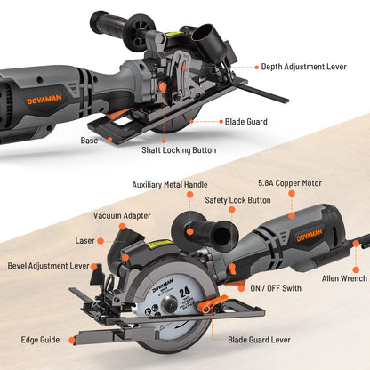 - DOVAMAN Circular Saw | 710W Mini Circular Saw with Laser | 3500rpm | Metal Auxiliary Handle | Cutting Depth 43mm (90°) | 29mm (45°) | 6 Saw Blades -
