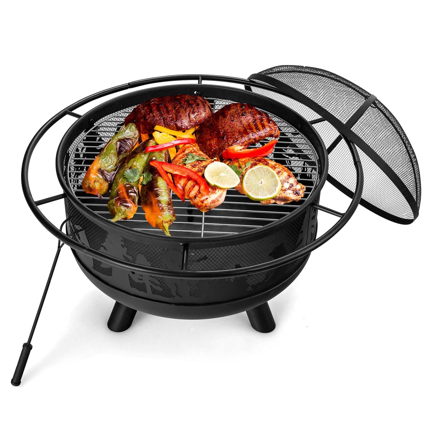 COSTWAY 77cm Large Fire Pit Bowl, 2 in 1 Wood Burning Firepit Brazier with Cooking Grill, Spark Guard and Fire Poker, Round Metal Log Heater Burner for Outdoor BBQ Camping Party