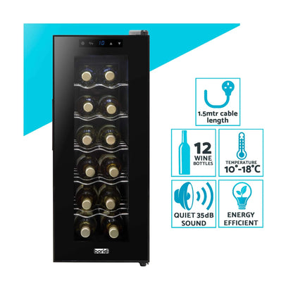 Baridi 12 Bottle Wine Cooler with Digital Touch Screen Controls & LED Light, Black - DH73