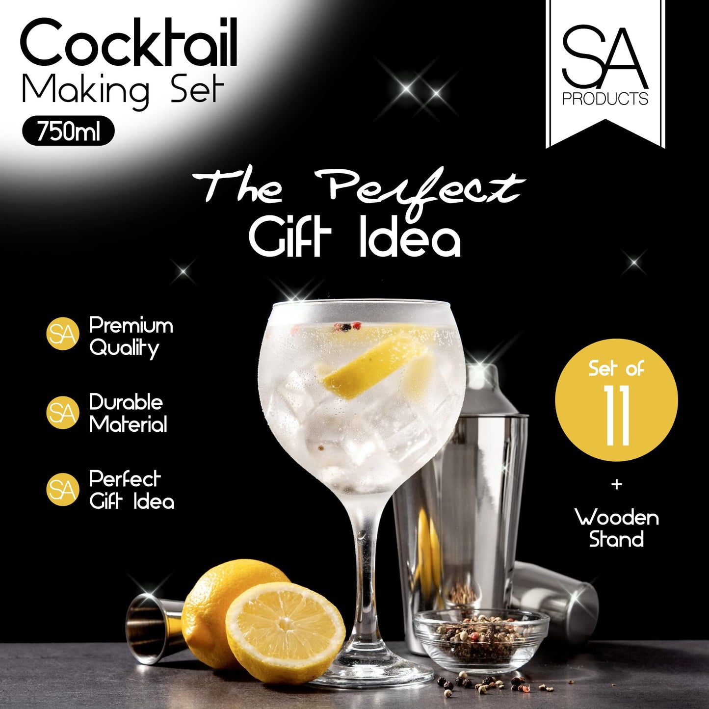 - SA Products 12 Piece Cocktail Shaker Set | Stainless Steel Cocktail Accessories | Bartender Kit with Drink Shaker, Jigger, Spoon, Strainer, Corkscrew, Ice Tongs, Pestle, Pourers, Bamboo Display Stand -
