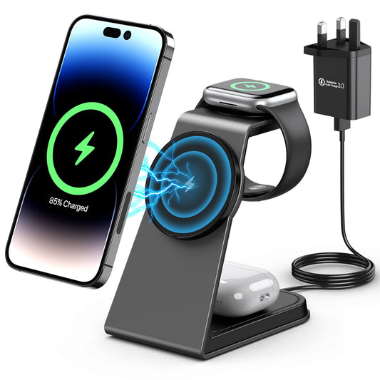 3 in 1 Mag-Safe Wireless Charging Station,Aluminum Alloy Magnetic 18W Fast Charger Stand Compatible with iPhone 15/14/13/12 Series,Apple Watch Series,Airpods 3/2/pro
