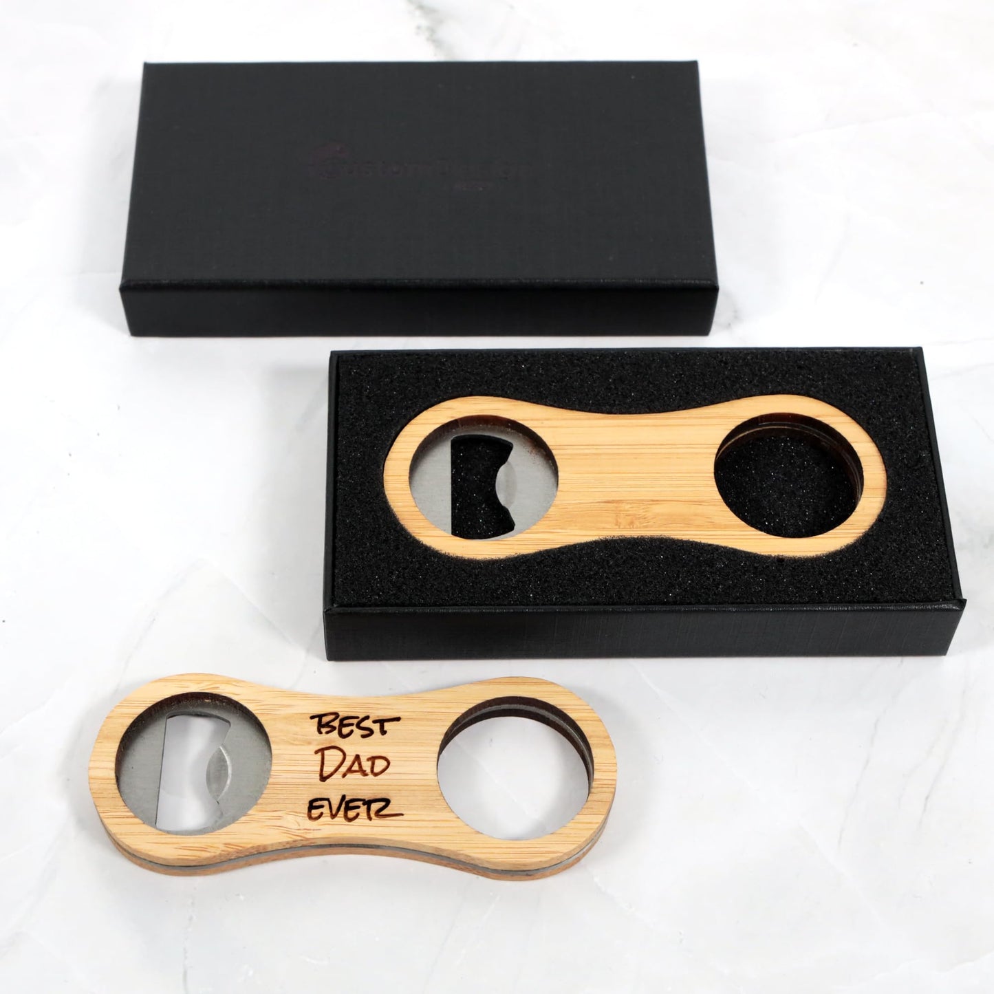 - Personalised Custom Bamboo Bottle Opener + Gift Box -