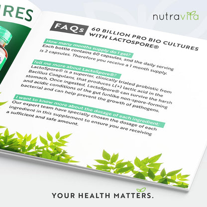 60 Billion CFU Probiotic Cultures - Scientifically Backed Lactospore® for Good Gut Flora - Enteric Coating to Ensure Probiotics are Delivered Directly to The Gut - Made in The UK