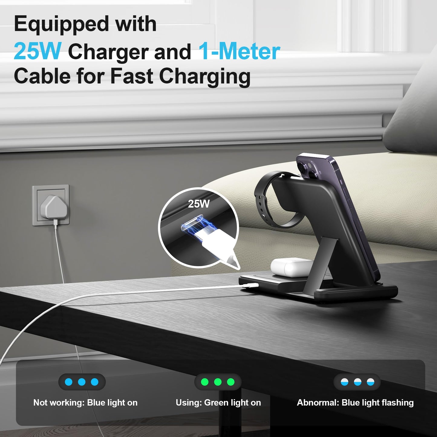 - Wireless Charger, 3 in 1 Charging Station, 15W Qi Fast Foldable Magnetic Stand Dock