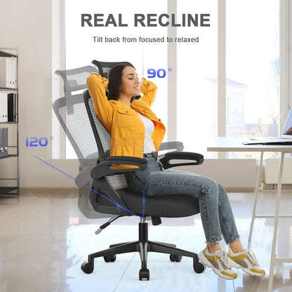 BareTay Office Chair Ergonomic Desk Chair with Adjustable Pillow Lumbar Support,Padded Flip-up Armrests,Headrest,Comfy Seat Cushion Mesh Office Desk Chair High Back Task Chair Swivel Computer Chair