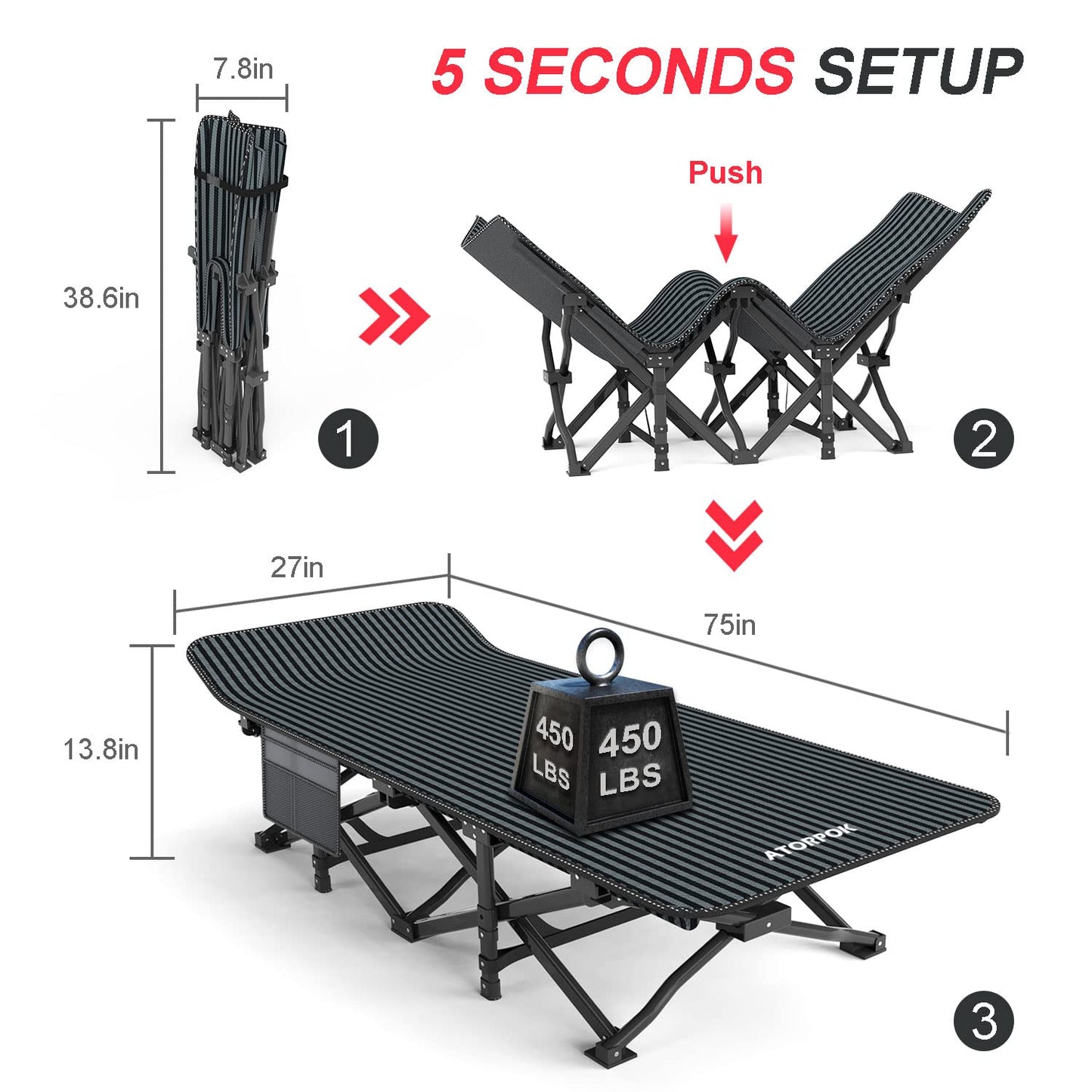 ATORPOK SHOP Camp Beds for Adults with Cushion Comfortable, Travel Camping Cot for Sleeping，Lightweight Folding Bed with Carry Bag Supports 450 lbs