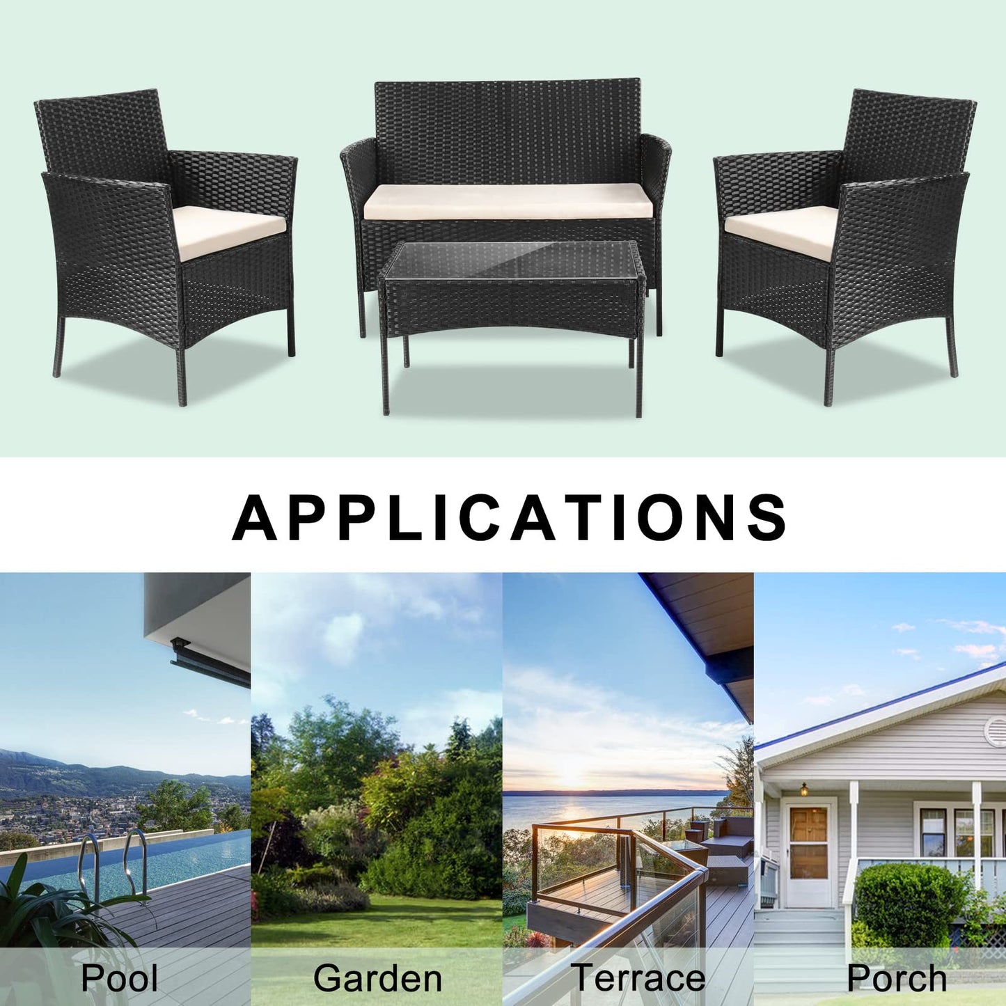 bigzzia Rattan Garden Furniture Set, 4 piece Patio Rattan furniture sofa Weaving Wicker includes 2 Armchairs,1 Double seat Sofa and 1 table