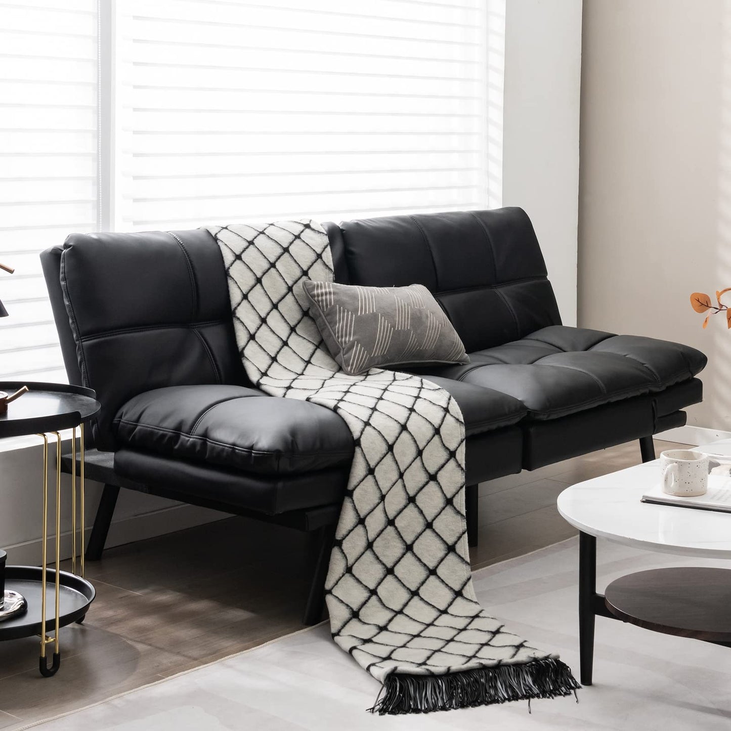 COSTWAY 2/3 Seater Convertible Sofa Bed, Click Clack Sleeper Couch with Reclining Backrest, Adjustable Armrests & 6 Metal Legs, Padded Loveseat for Living Room and Bedroom (PU Leather, Black)