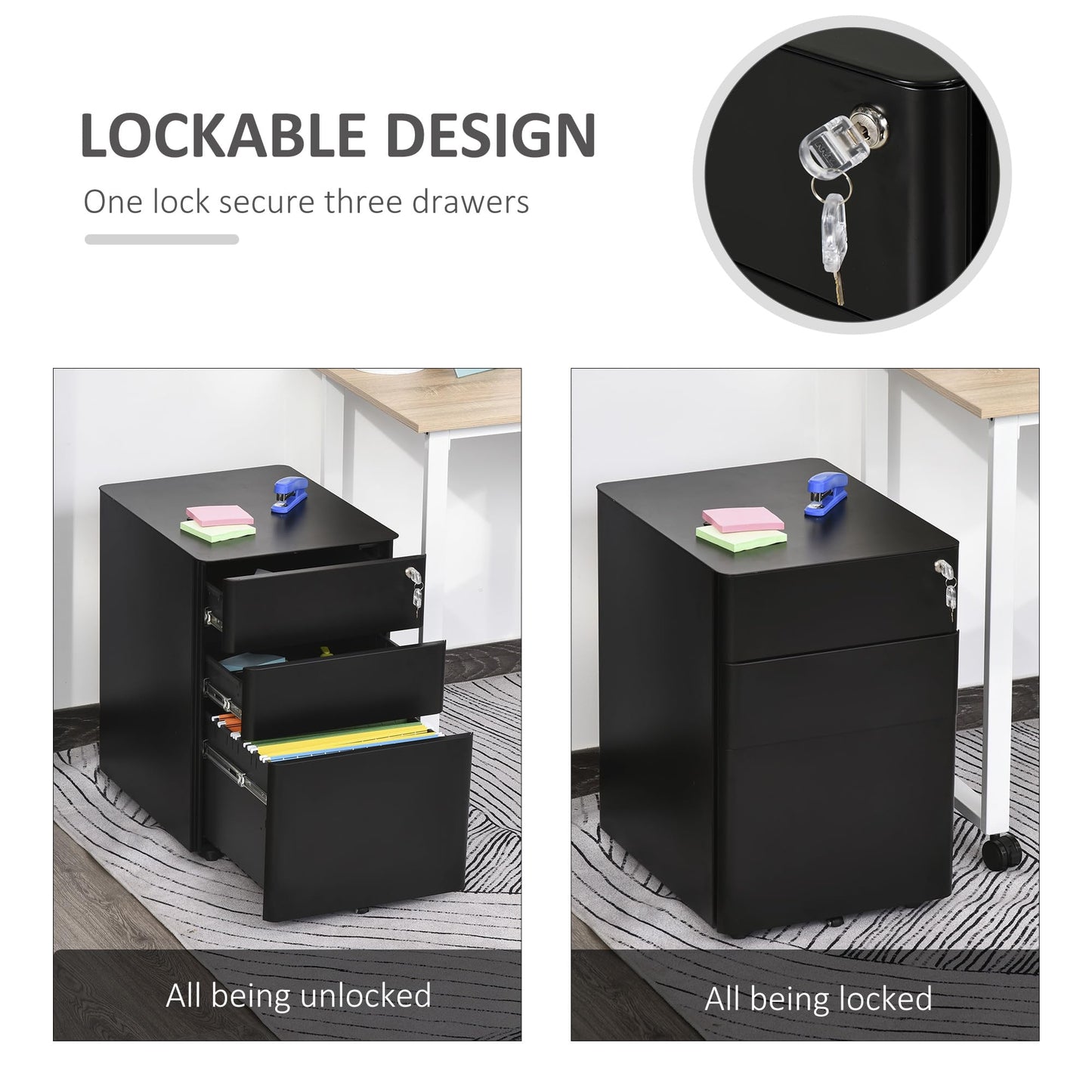 - Vinsetto Lockable File Cabinet with 3 Drawers, Steel Rolling Filing Cabinet with 5 Wheels -