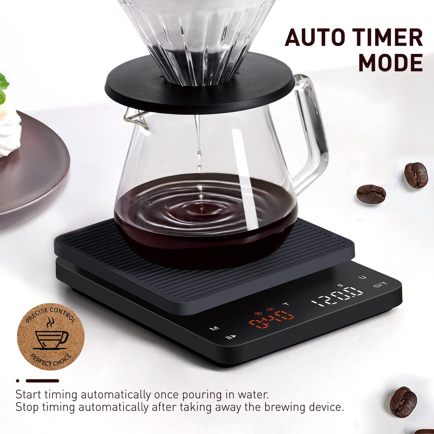 BAGAIL Digital Coffee Scale with Timer, 0.1g High Precision Electronic Kitchen Scale with Large Display, Auto Tare and Touch Sensor Button, Rechargeable Weighing Scale for Drip Coffee, Max Weight 3kg