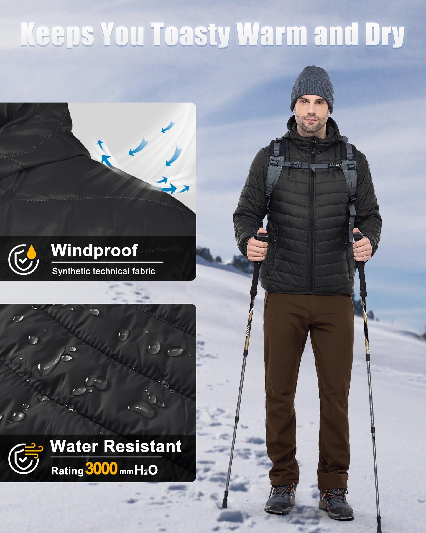33,000ft Lightweight Waterproof Puffer Jacket Men's Packable Insulated Winter Jacket with Hood Windproof Mens Quilted Coat for Hiking, Travelling Black L