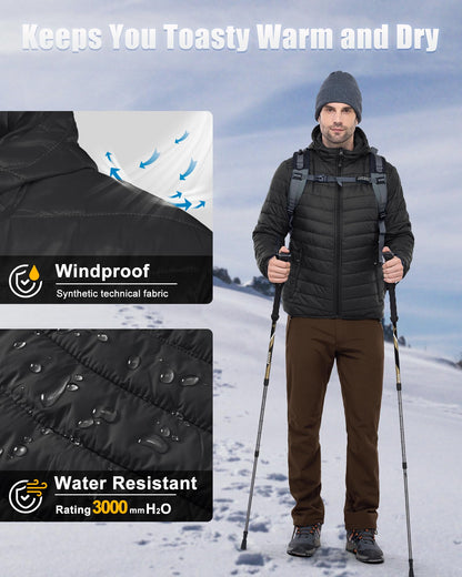 33,000ft Lightweight Waterproof Puffer Jacket Men's Packable Insulated Winter Jacket with Hood Windproof Mens Quilted Coat for Hiking, Travelling Black L