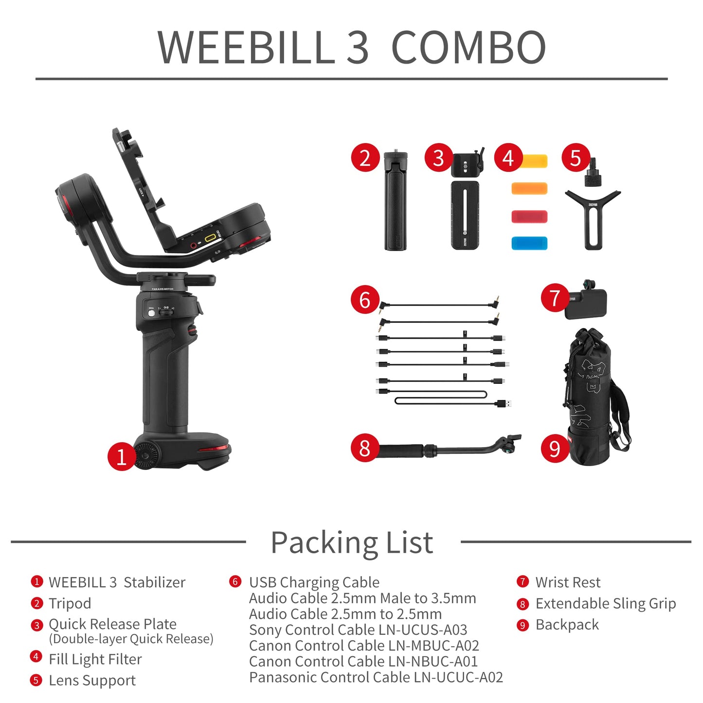 - ZHIYUN Weebill 3 Combo [Official] Gimbal Stabilizer for DSLR & Mirrorless Camera with Sling Mode 2.0, Wrist Rest, Built-in Fill Light, Mic, Backpack, Tripod