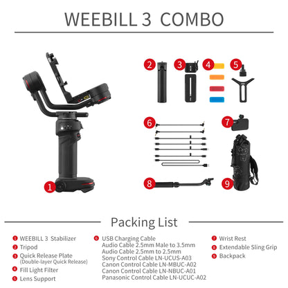 - ZHIYUN Weebill 3 Combo [Official] Gimbal Stabilizer for DSLR & Mirrorless Camera with Sling Mode 2.0, Wrist Rest, Built-in Fill Light, Mic, Backpack, Tripod