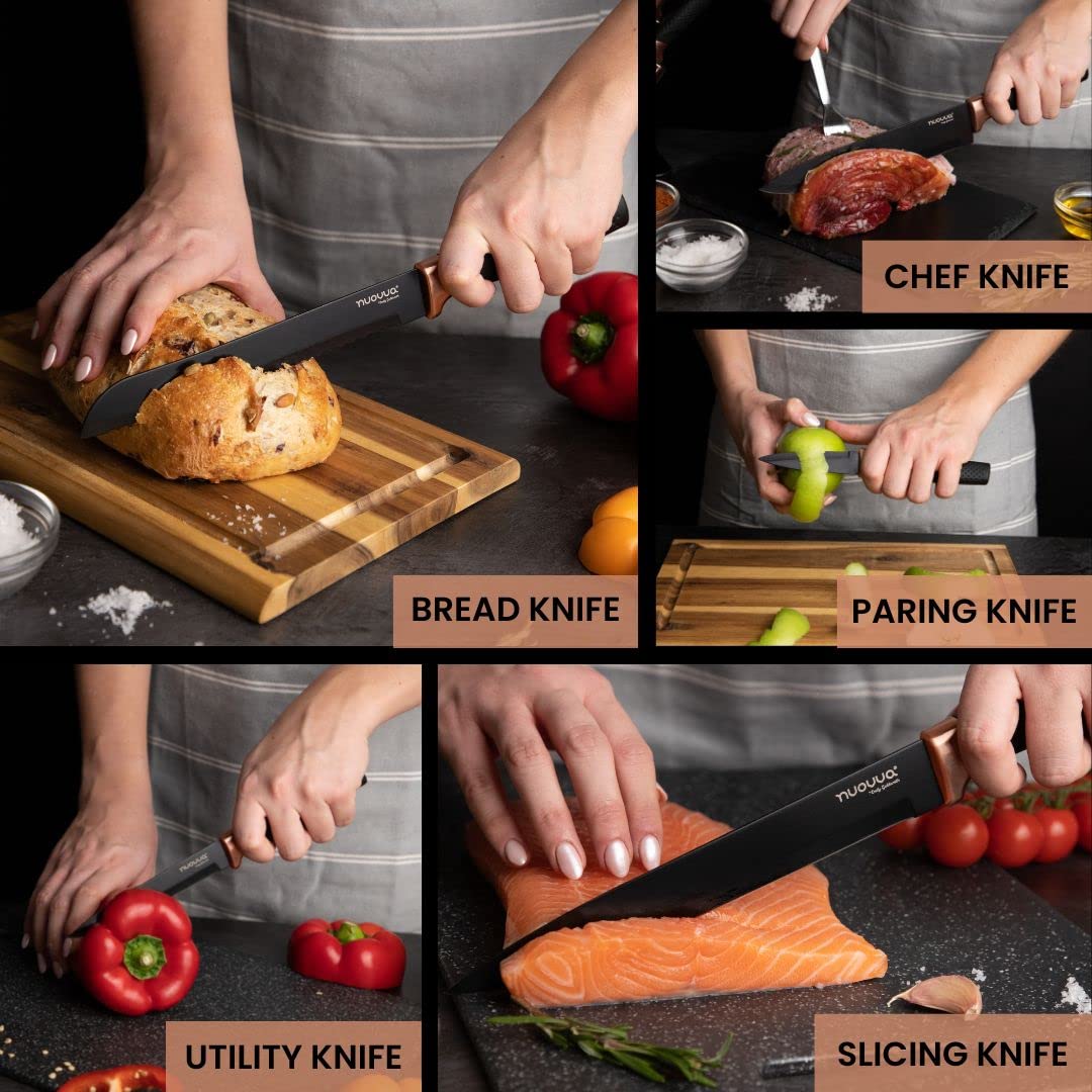 - Kitchen Knife Block Set Copper 5 Piece Set with Knives Clear Acrylic Block Stainless Steel Blades - by Nuovva