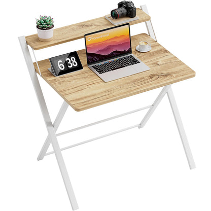 - GreenForest Folding Desk | Computer Desk | 2-Tier Shelf Laptop Foldable Table -