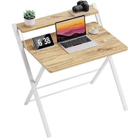 - GreenForest Folding Desk | Computer Desk | 2-Tier Shelf Laptop Foldable Table -