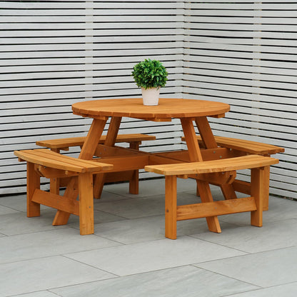 - Maribelle 8 Seater Stained Pine Round Wooden Bench/Picnic Table | For Garden, Pub, Patio -