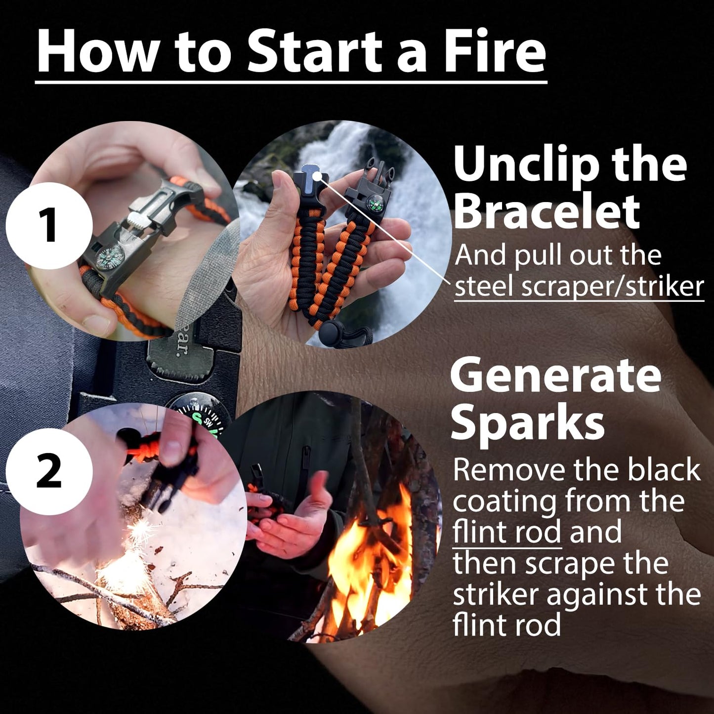 aZengear Paracord Survival Bracelet (2 Pack) | Flint Steel Fire Starter, Compass, Whistle,Hiking Accessories, Wild Camping Equipment Kit, Bushcraft, Emergency (Black and Orange)