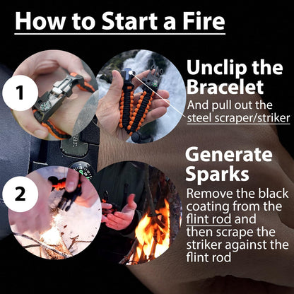 aZengear Paracord Survival Bracelet (2 Pack) | Flint Steel Fire Starter, Compass, Whistle,Hiking Accessories, Wild Camping Equipment Kit, Bushcraft, Emergency (Black and Orange)