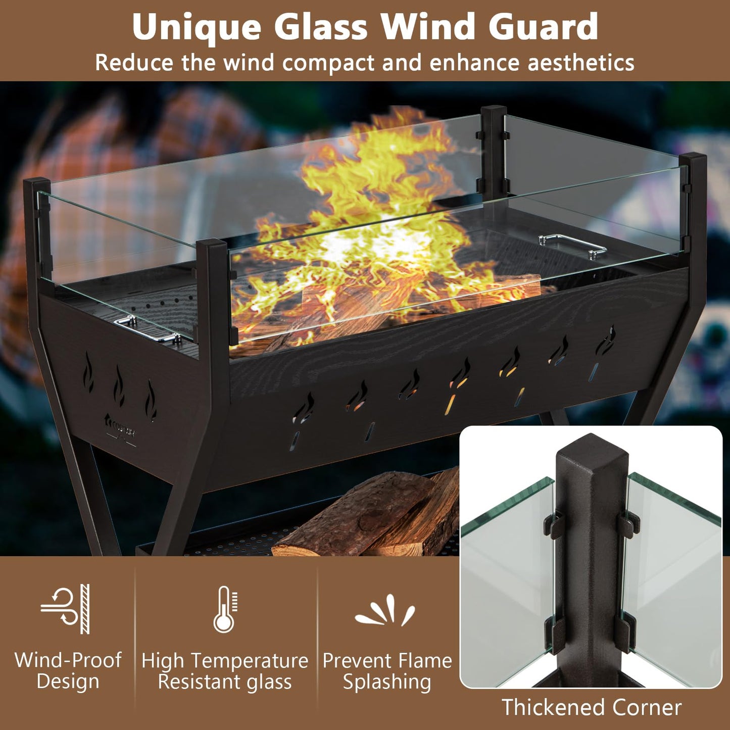 COSTWAY 2-in-1 Barbecue Grill, Metal Large Fire Pit with Glass Wind Guard, Seasoning Racks, Storage Shelf & Gloves, Outdoor Square Charcoal Smoker Heater for Party Camping
