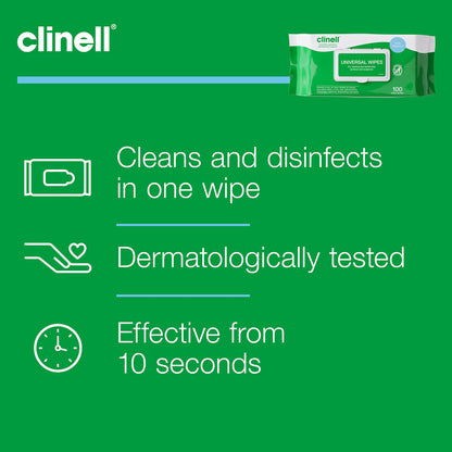 Clinell Universal Cleaning and Disinfectant Wipes for Surfaces - Pack of 100 Thick Wipes - Multi Purpose Wipes, Kills 99.99% of Germs, Quick Action - 255mm x 175mm