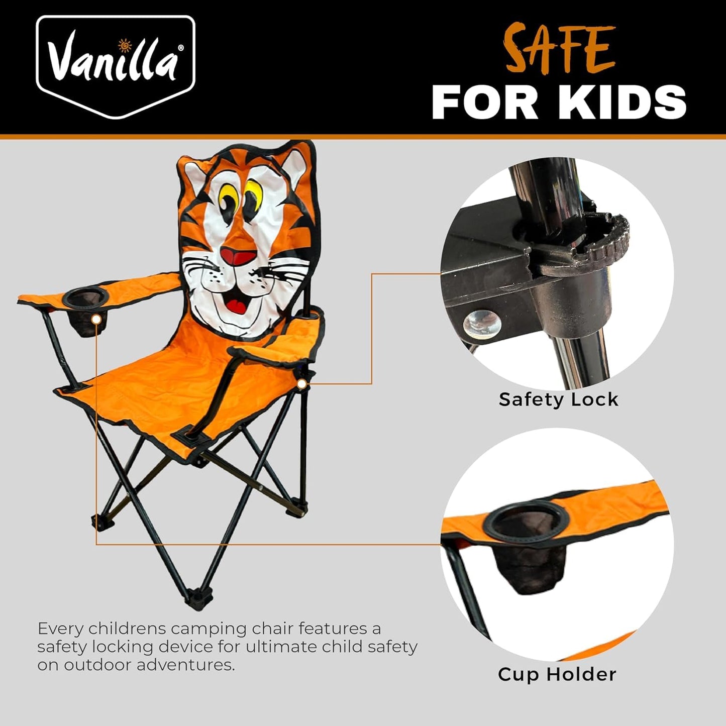 - Kids Camping Chair Tiger Kids Garden Chair | Toddler safety lock Durable & Lightweight -