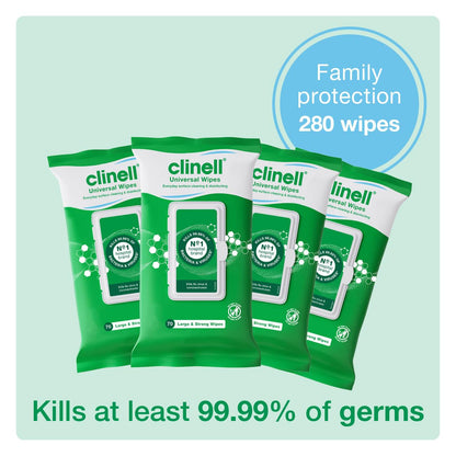 Clinell Universal Cleaning and Disinfecting Wipes for Home - Pack of 4 - 70 XL Wipes per Pack (280 Wipes) - with Moisture Lock Lid - Kills 99.99% of Germs, Antimicrobial, Quick Action
