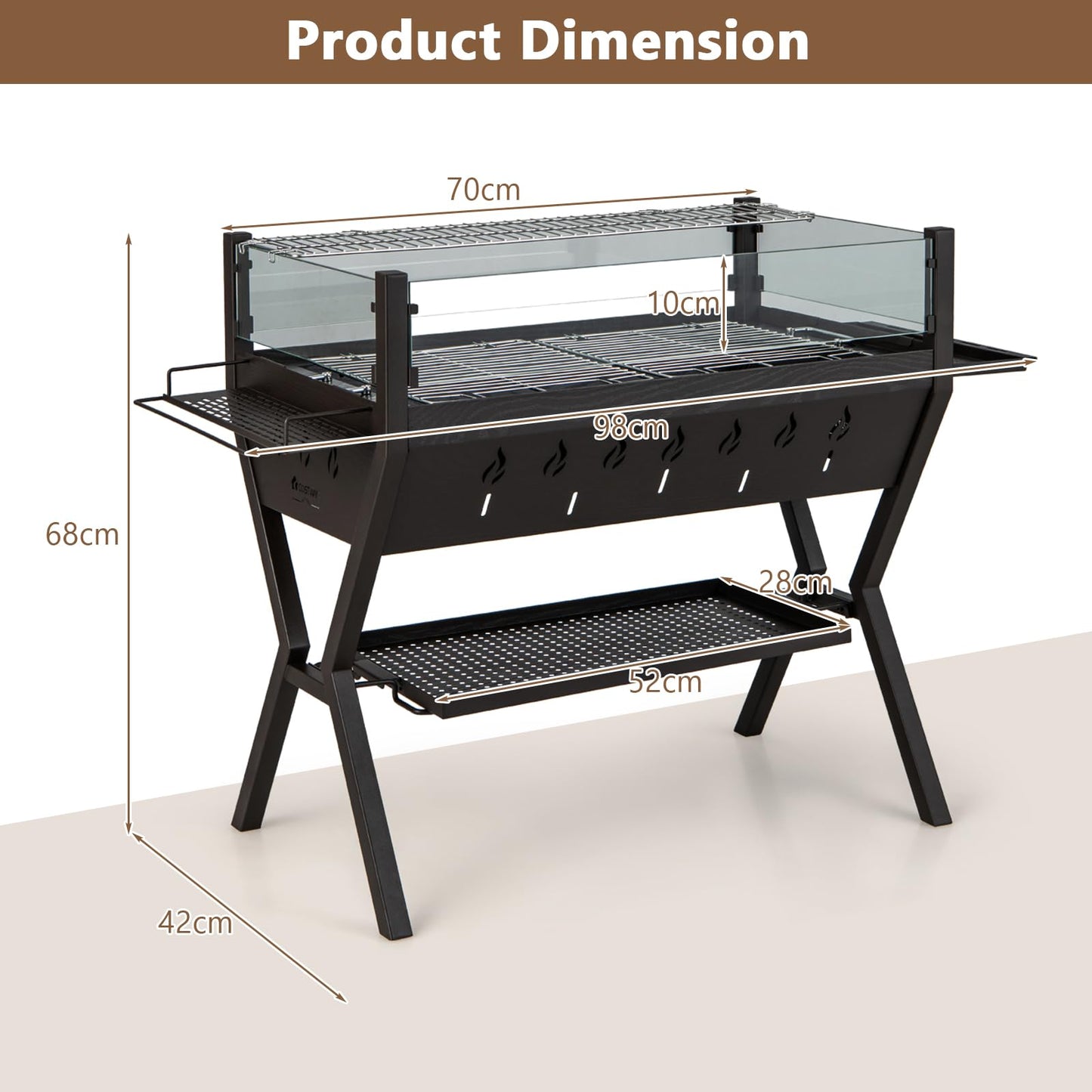 COSTWAY 2-in-1 Barbecue Grill, Metal Large Fire Pit with Glass Wind Guard, Seasoning Racks, Storage Shelf & Gloves, Outdoor Square Charcoal Smoker Heater for Party Camping