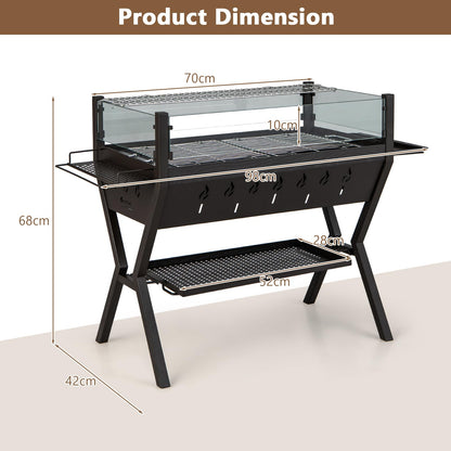 COSTWAY 2-in-1 Barbecue Grill, Metal Large Fire Pit with Glass Wind Guard, Seasoning Racks, Storage Shelf & Gloves, Outdoor Square Charcoal Smoker Heater for Party Camping