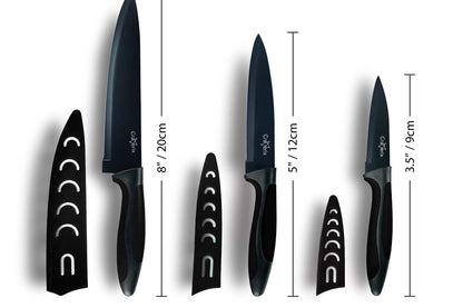 Craverix Professional Kitchen Knife Set - All Purpose 3PCS Black Kitchen Knives (Chef, Utility & Pairing) with Covers - Sharp Stainless Steel Non-Stick Blades with TPR Handles for Easy Grip