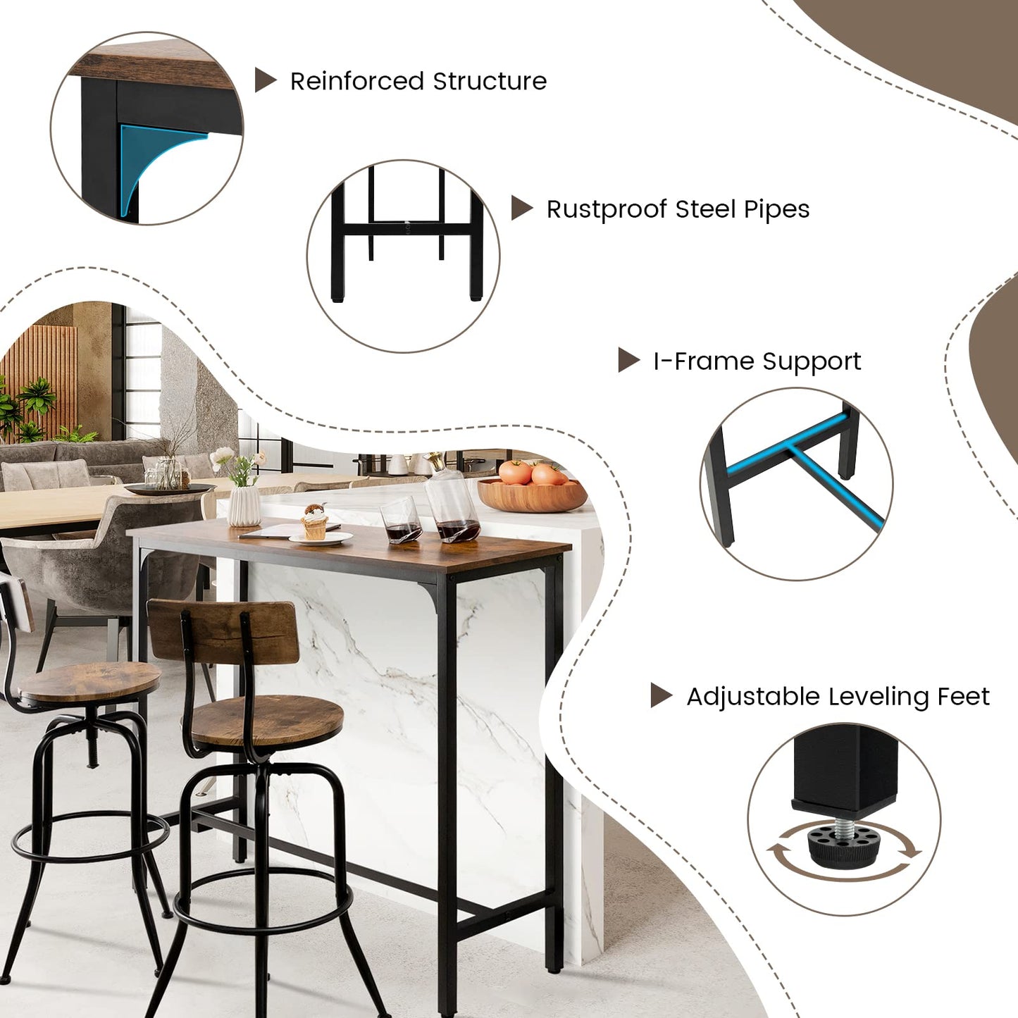 COSTWAY Rectangular Bar Table, 120cm Counter Breakfast Dining High Tables with Footrest and Adjustable Footpads, Metal Frame Pub Coffee Desk for Small Space Kitchen Living Room (Rustic Brown)