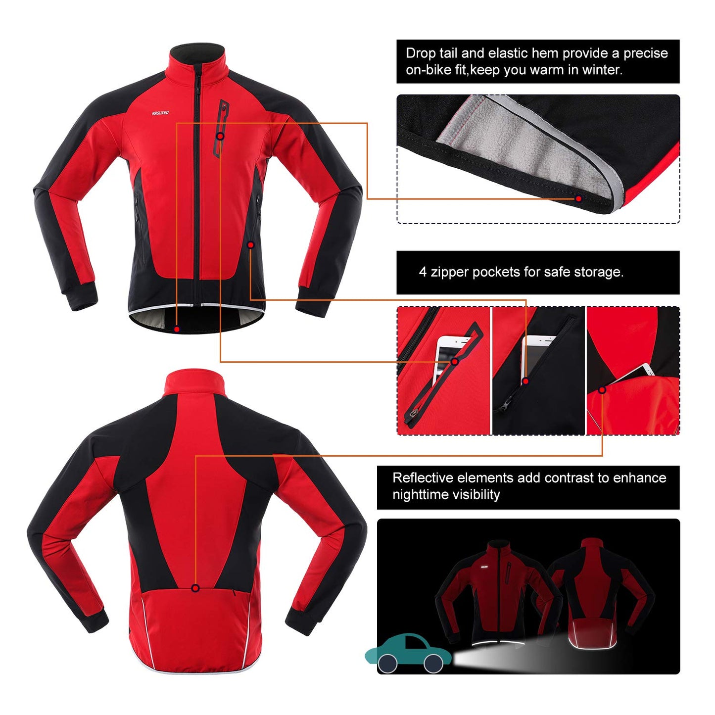 ARSUXEO Men's Cycling Jacket Winter Thermal Fleece Softshell MTB Bike Outwear 20B Red M