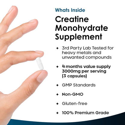 Creatine Monohydrate Capsules 3000mg - 360 Creatine Capsules (3 per Serving) 4 Months Supply- Exercise Workout Gym Supplement for Men & Women - Creatine Monohydrate Powder Capsules - UK Made