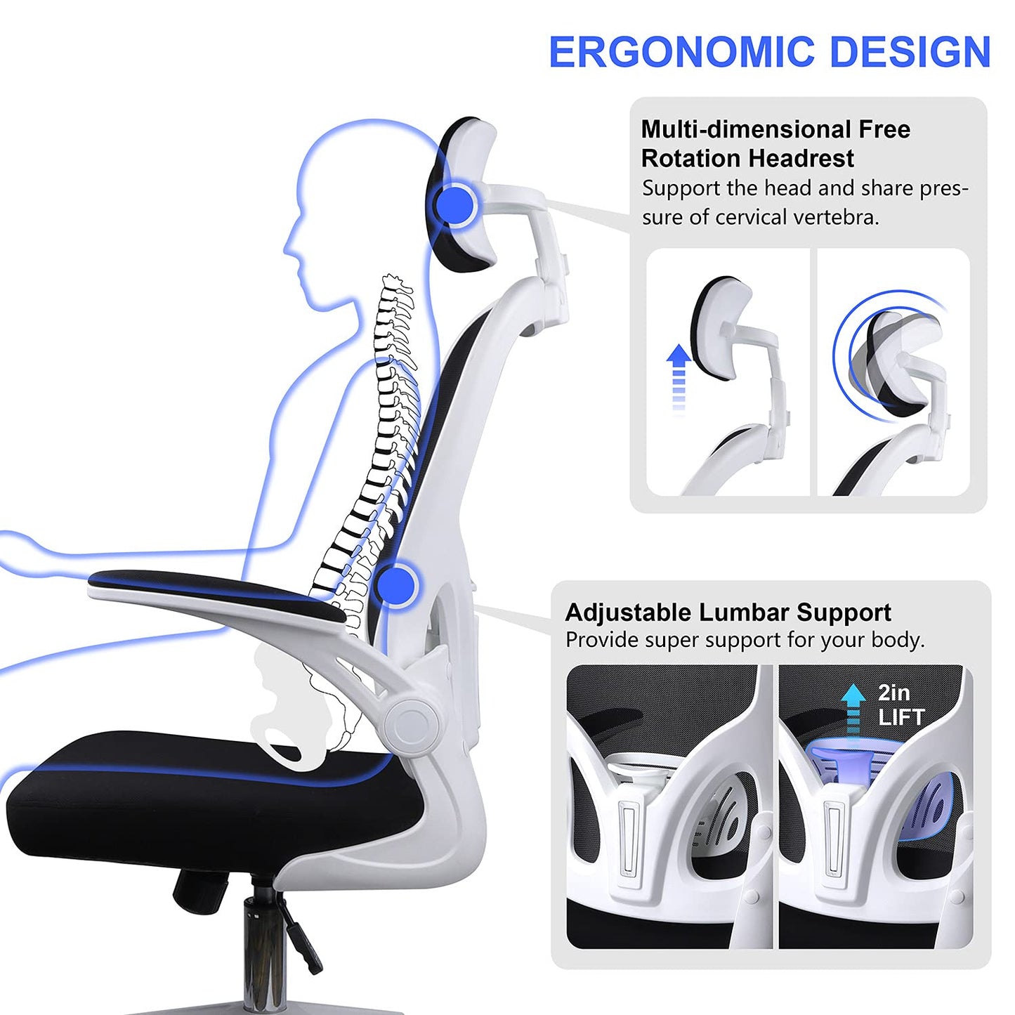 - JAJALUYA Office Chair | Mesh Computer Chair | Adjustable Headrest | Lumbar Support Desk Chair -