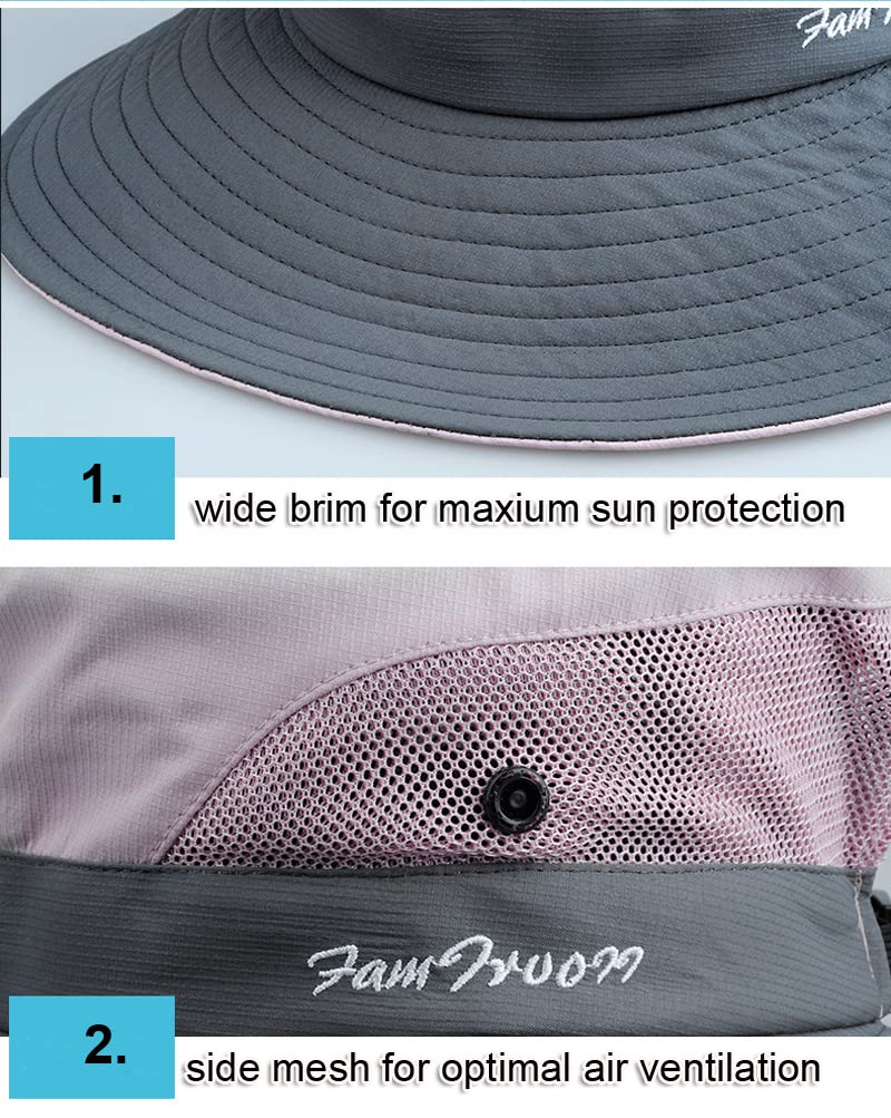 Children Wide Brim Bucket Hat 3-8 Years Girls Ponytail Sun Hat Boys Mesh Cool Hat Anti UV Sun Protection Hat with Strap Kids Holiday Beach Hat Cycling Hiking Summer Hat Outdoor Sun Visor Cap