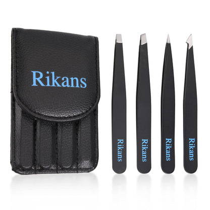 - Rikans Precision Tweezers Set | Pack of 4 Black Professional Tweezers | Blackheads Remover -