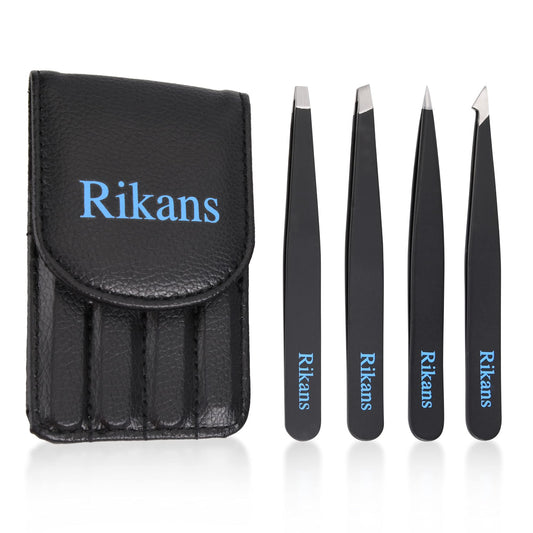 - Rikans Precision Tweezers Set | Pack of 4 Black Professional Tweezers | Blackheads Remover -