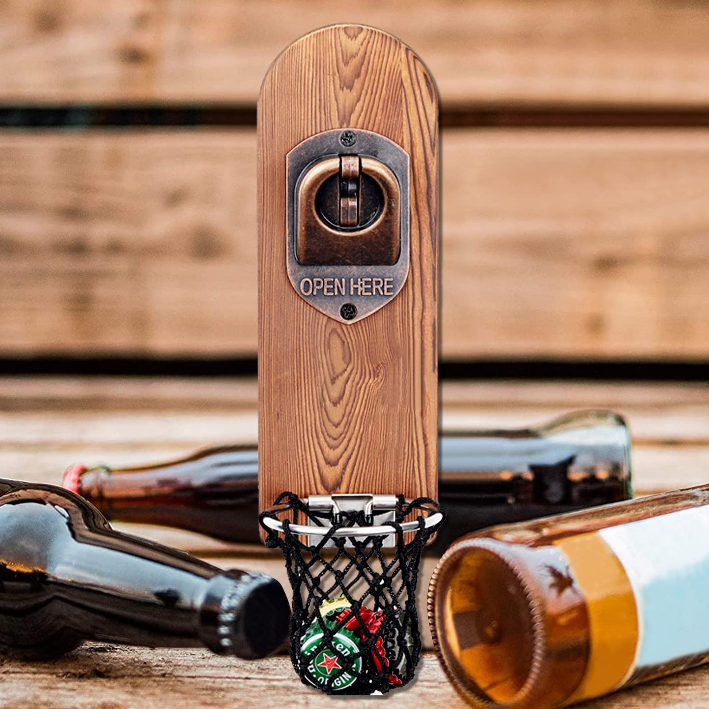 - ZONSUSE Magnetic Bottle Openers with Netting Catcher, Wall Mounted Wooden Beer Bottle Opener