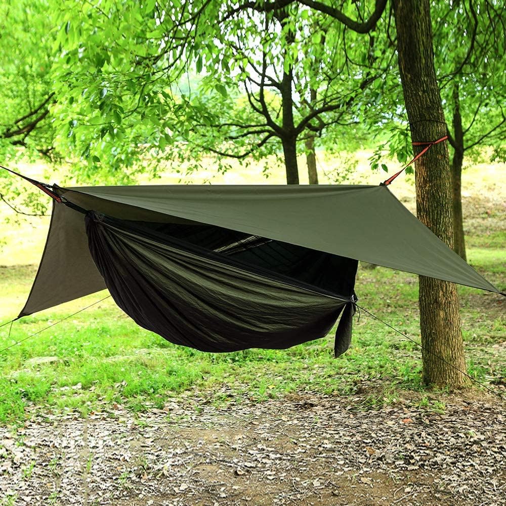 Camping Hammock with Rain Fly Tarp Mosquito Net Heavy Duty Tree Straps Portable Single Double Parachute Hammock Tent Waterproof Rainfly Set for Garden Beach Travel Backpacking outside Activities