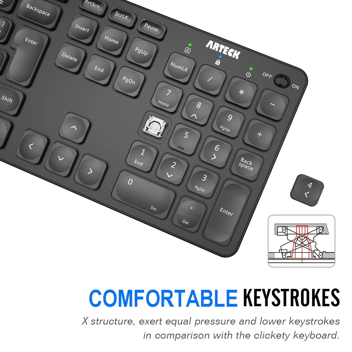 Arteck 2.4G Wireless Keyboard Ultra Slim Full Size Keyboard with Numeric Keypad and Media Hotkey for Computer/Desktop/PC/Laptop/Surface/Smart TV and Windows 10/8/ 7 Built-in Rechargeable Battery