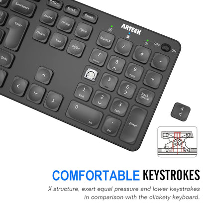Arteck 2.4G Wireless Keyboard Ultra Slim Full Size Keyboard with Numeric Keypad and Media Hotkey for Computer/Desktop/PC/Laptop/Surface/Smart TV and Windows 10/8/ 7 Built-in Rechargeable Battery